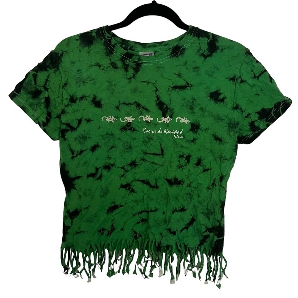 Yazbek Green Tie Dye Fringe Hem Mexico Resort Short Sleeve Crop Tee T Shirt - Picture 2 of 9